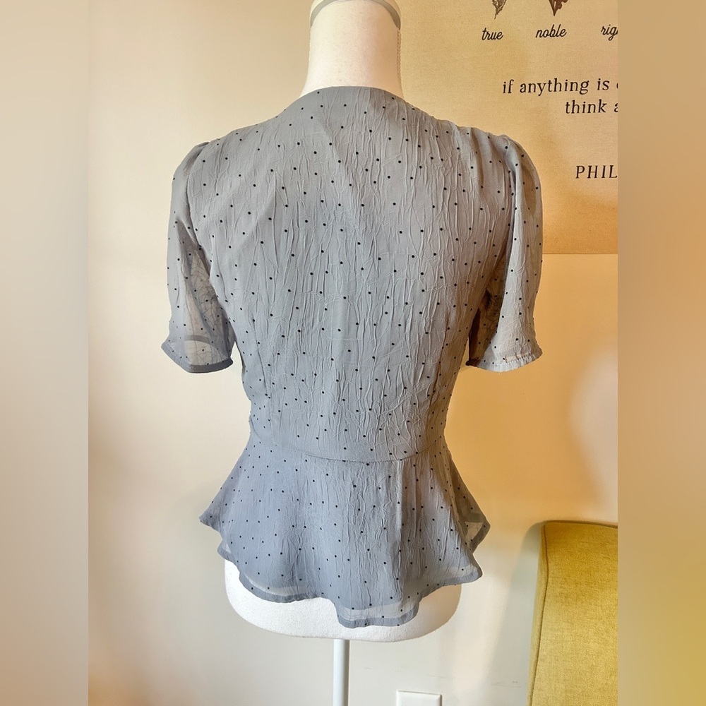 All Row Boutique Gray Polka Dot Peplum Ruffled Bottom Button Front Blouse View 3